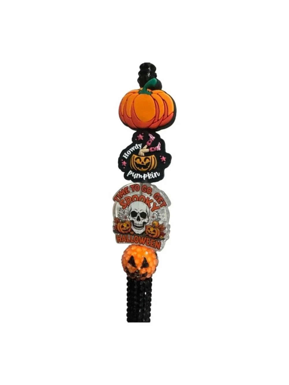 Halloween-Themed Decorative Pen With Pumpkin & Skull Toppers Black Beaded Grip F